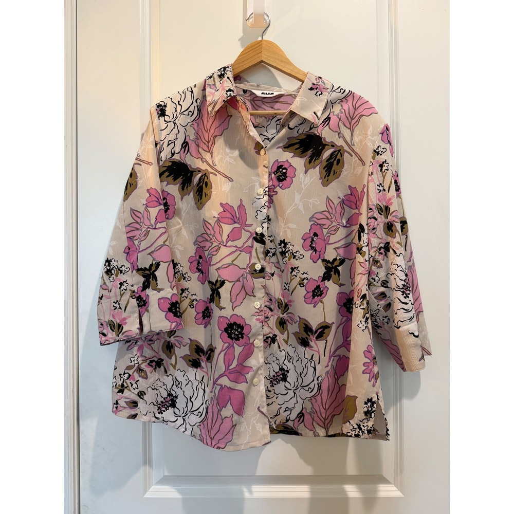 Alia Pink Floral Button Down Blouse Shoulder Pads Crinkle Top Womens 3X Estimate